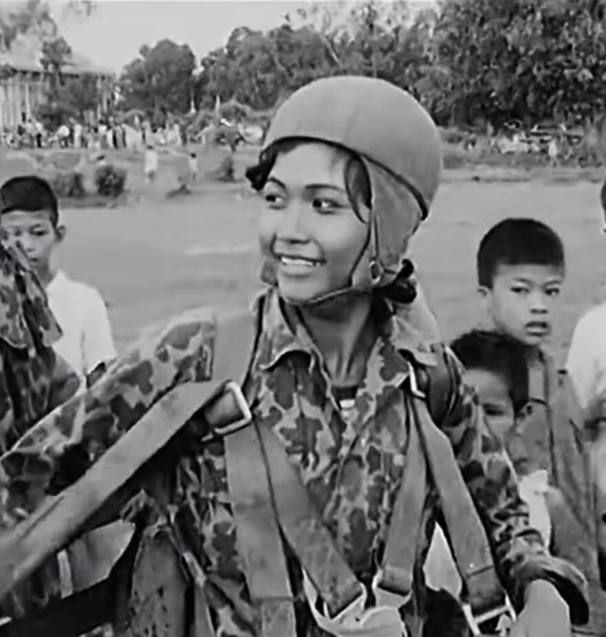 Indochina_War's tweet photo. Famous Cambodian singer Ros Serey Sothea during her service with the 1st Airborne Brigade, Khmer National Armed Forces. Phnom Penh, 1972. She disappeared during the Khmer Rouge years and is believed to be one of the many deaths from the Cambodian genocide https://t.co/f4bbm9kWiM