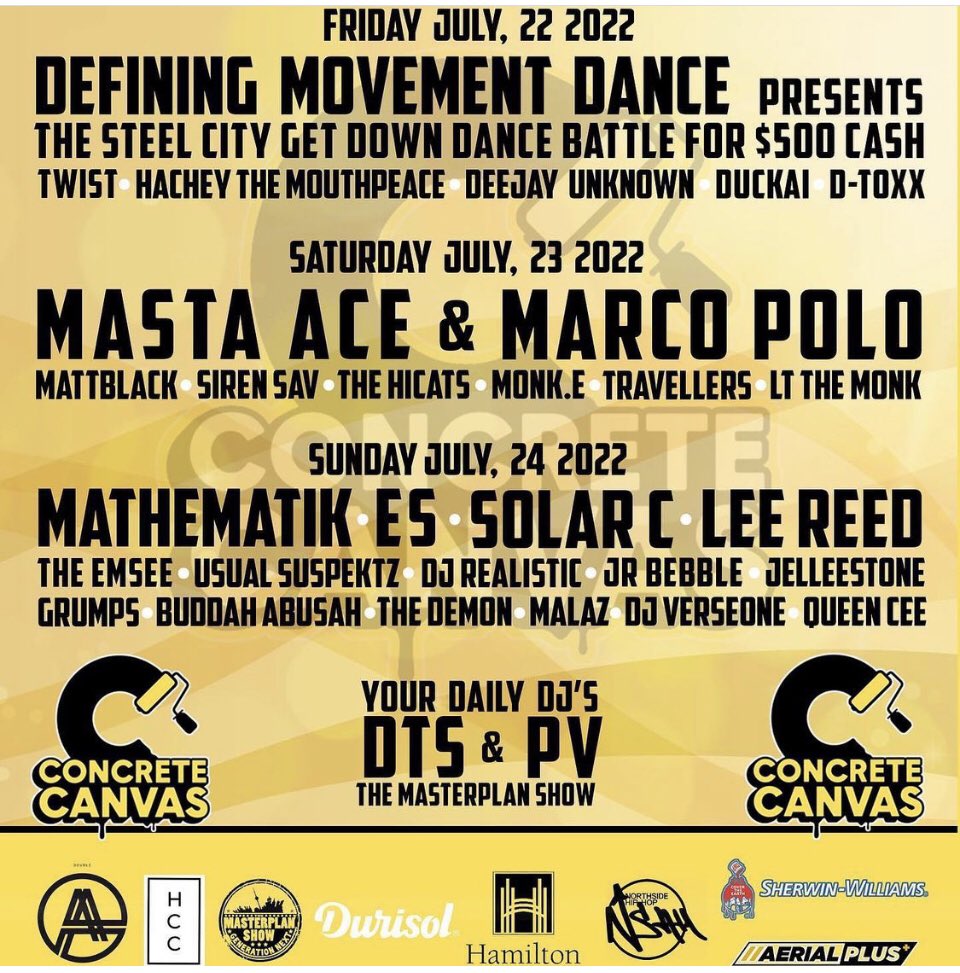 Proud to be one of the 2022 sponsors of #Concretecanvas in #Hamilton July 18-24. Check out this line up! #hiphop #djlife #graffiti come thru #steelcity