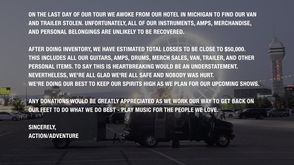 ActAdvBand's tweet photo. hey friends, our van and trailer were stolen early this morning in Detroit. any help recovering what we lost would be amazing. love yall and stay safe ♥️
https://t.co/NoQtDKZjyu https://t.co/WFuH7w4tAd