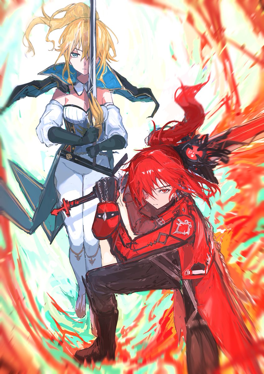 diluc (genshin impact) ,jean (genshin impact) weapon sword 1girl 1boy red hair holding weapon ponytail  illustration images