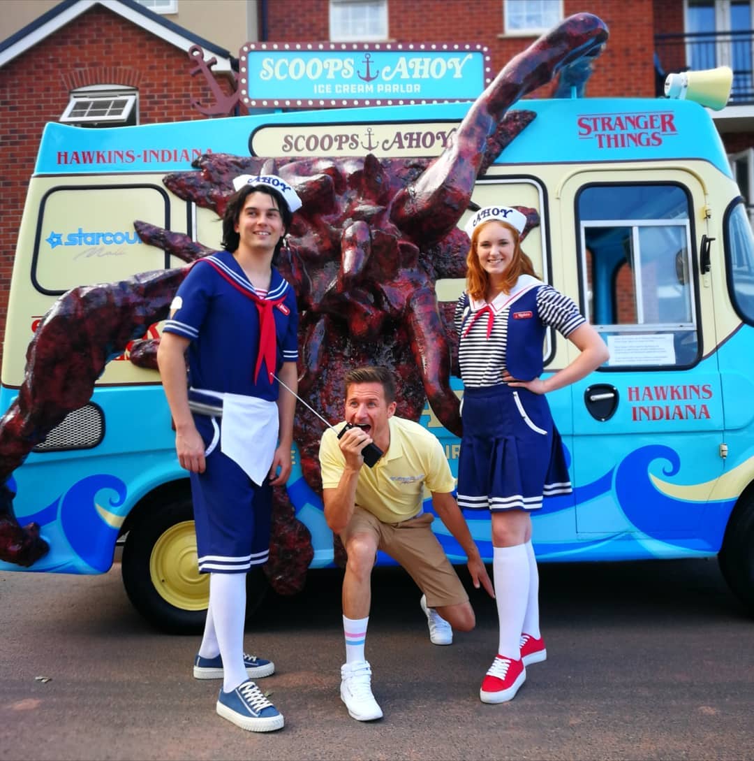 danbullock's tweet photo. Happy 3 Year Anniversary to #StrangerThings coming to #Exeter with Scoops Ahoy! What a beautiful afternoon it was. The whole thing was glorious! 

#ScoopsAhoy #SteveHarrington #RobinBuckley #Hawkins #StrangerThings4 #Starcourt https://t.co/dYJiQ2VimA