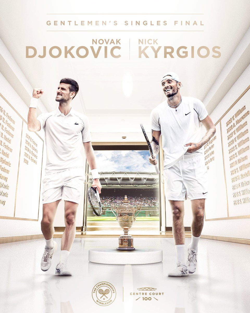 UniversTennis's tweet photo. 🔥 JOUR DE FINALE 🔥

🏟 #Wimbledon - 15h
🇷🇸 Djokovic vs. Kyrgios 🇦🇺

Qui repartira avec le trophée ? 🏆 https://t.co/NGaK80bEFO