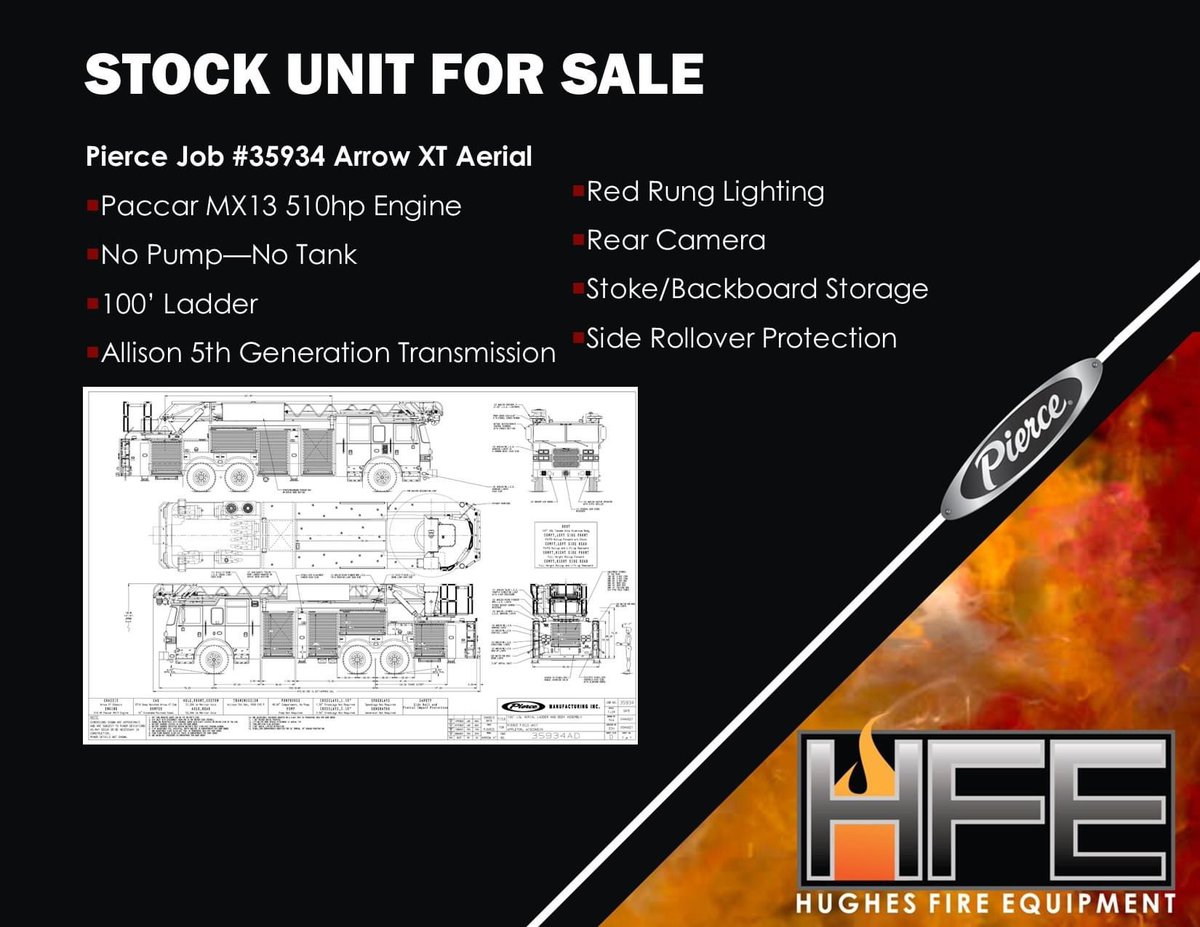 HughesfireHFE's tweet image. 🚨𝕊𝕥𝕠𝕔𝕜 𝕌𝕟𝕚𝕥 𝔽𝕠𝕣 𝕊𝕒𝕝𝕖🚨
Pierce Mfg has a #ArrowXT 100' Aerial available! Scheduled to finish production this summer and delivery in the fall.
Call #HughesFireEquipment for more information today! (Job #35934)
#FirefightersChoosePierce #PierceMfg #StockUnit
