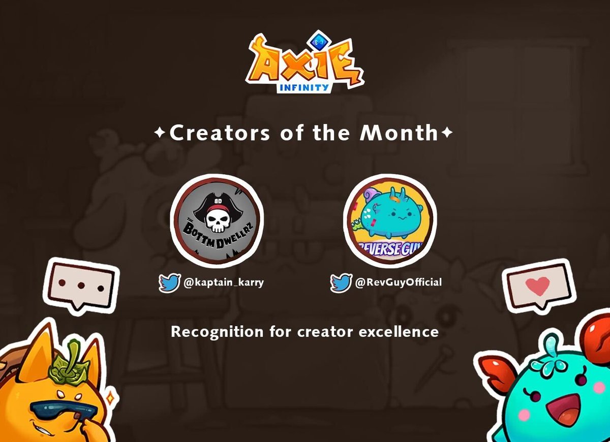 ¡Queremos anunciar nuestro primer #AxieCreator(s) del mes como parte del Programa Axie Creator!

@kaptain_karry
• ¡Transmitiendo 383 horas de Axie Origin en los últimos 30 días (12,8 horas por día)!

<a href="/RevGuyOfficial/">Coach Rev</a>
• ¡Subiendo 3 veces al día y colaborando con otros creadores!