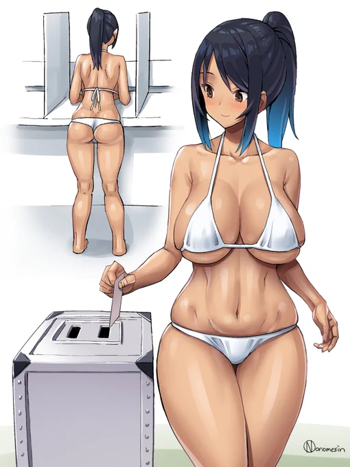 練習絵を改造して選挙応援絵にしてもうた…。
みなさん投票行きましょ、紙に名前書いて箱に入れるだけだから簡単よ。
※水着ではいかないでください。 