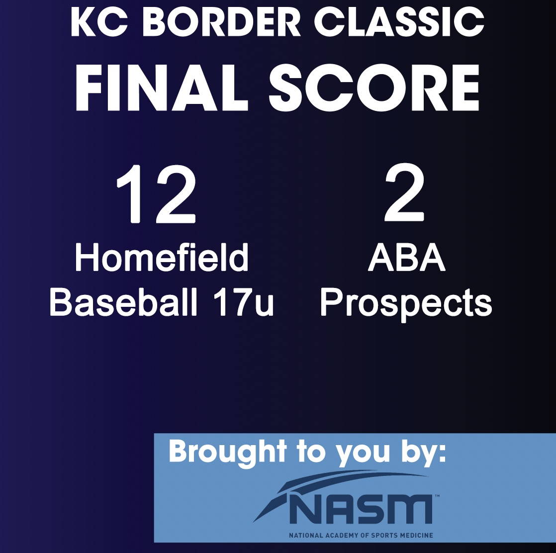 Final score between <a href="/BlazeBaseballKC/">Homefield Baseball</a> and <a href="/ABA_Elite/">Advanced Baseball</a> in the #KCBorderClassic brought to you by <a href="/NASM/">NASM</a> #play9withus