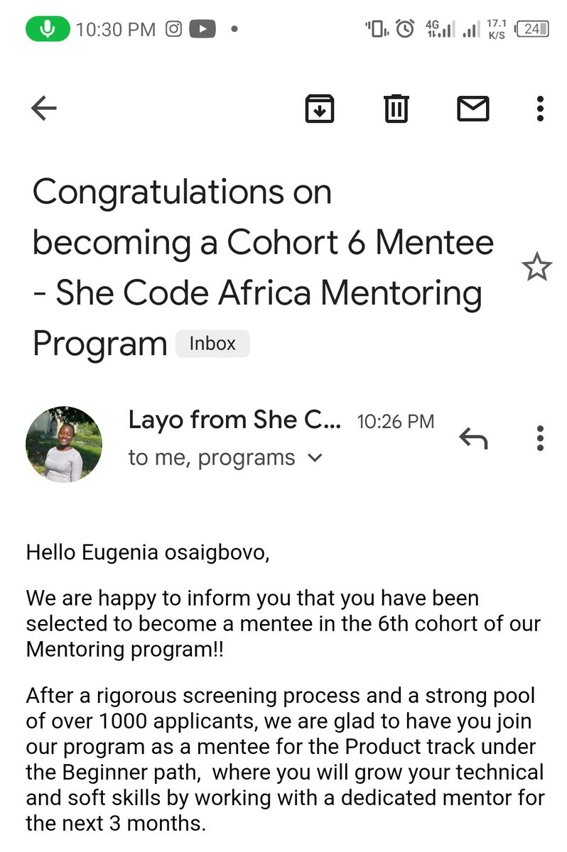 eugeniaosa's tweet photo. Hello Twitter,
I was selected to be part of She codes Africa Cohort 6 Mentoring program. Yes I am transitioning into tech and I am coming in with everything I got. Y'all Watch out for me โ๏ธโ๏ธ
#SCAmentorshipProgram
#SCAmentee https://t.co/VJILUf3mDZ