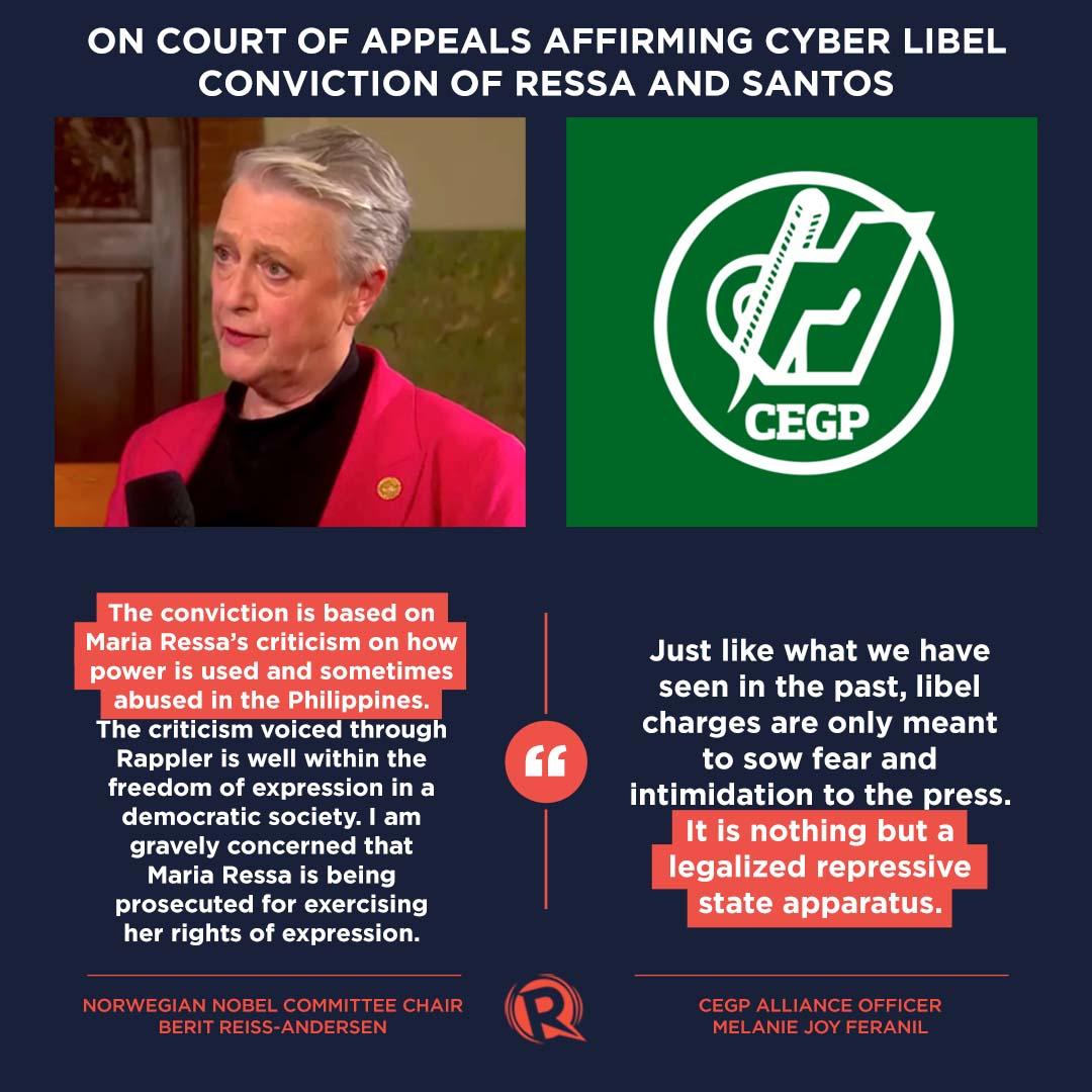 rapplerdotcom's tweet photo. The Norwegian Nobel Committee and other groups expressed support for Rappler CEO and Nobel laureate Maria Ressa and former Rappler researcher-writer Reynaldo Santos Jr. after the Philippines’ Court of Appeals affirmed their cyber libel conviction.

READ: https://t.co/7yuhaGlk7r https://t.co/fiYTSpKtMF