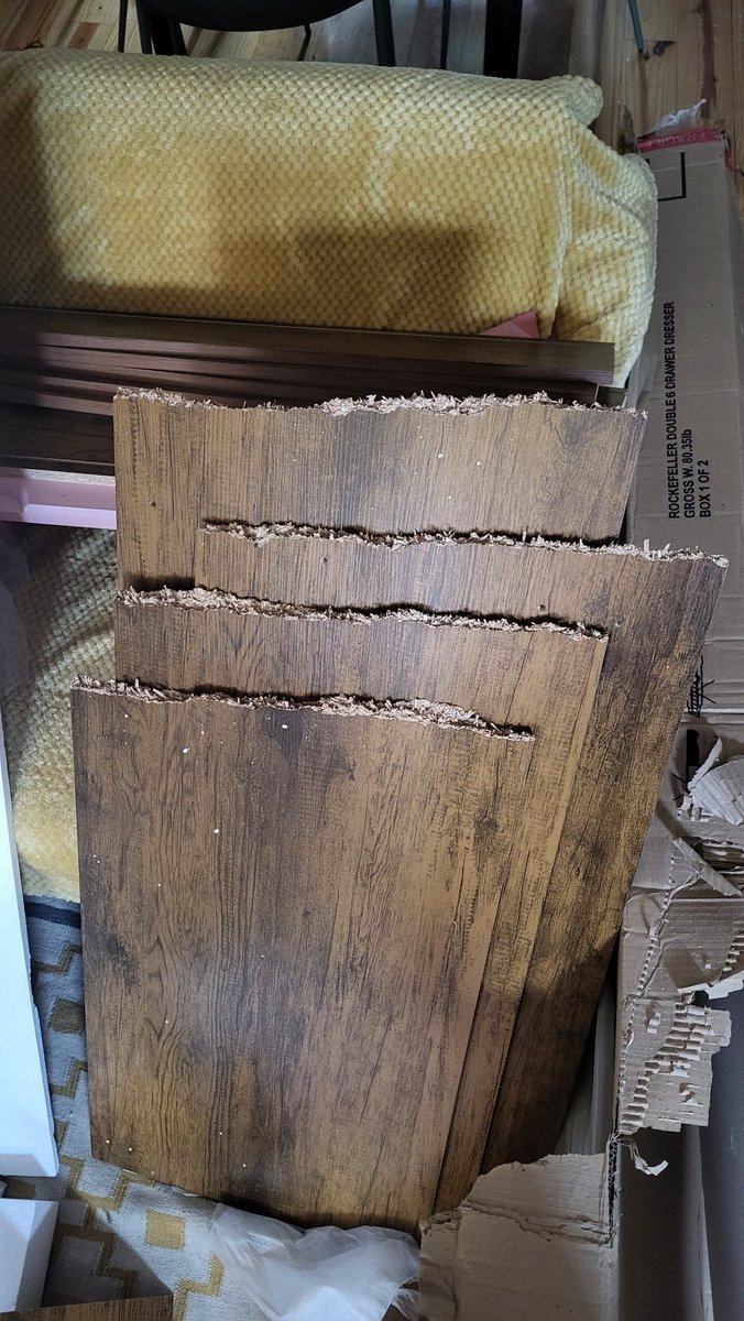 Bought a dresser and two pieces were delivered like in the pic. Called <a href="/Wayfair/">Wayfair.com</a> and they offered to deliver new pieces. Great. I asked how am I supposed to get rid of the broken parts. I was told to burn them in my backyard. I live in south philly. Not discount offered. Good job