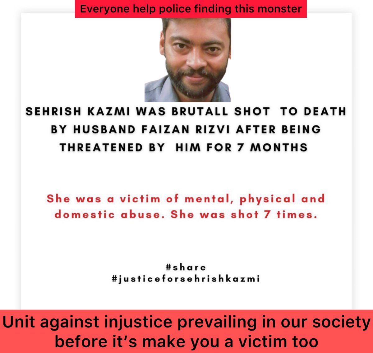 SyedAtifKazm's tweet photo. #justiceforsehrishkazmi 
On this auspicious day of sacrifices don’t forget to sacrifice and share the picture of murderer Faizan Rizvi,an evil murderer, who murdered Sehrish Kazmi,his wife in broad daylight with 7 bullets on 7th July 2022.
Spread the word.Your voice matters. https://t.co/QoFqrrc8Tt