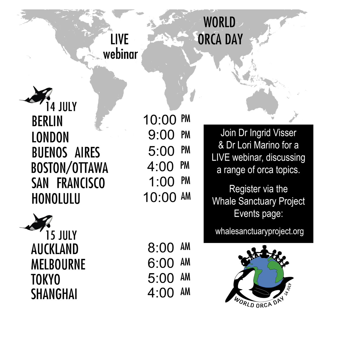 OrcaIngrid's tweet photo. Join me @ LIVE WEBINAR. If your time zone isn't included, please tag World Orca Day &amp; add your time zone in a retweet, to help other folks join us (thanks, you are orca-some!) Register in advance:
https://t.co/IkjkyB64Ze https://t.co/LEgY4sbUXR