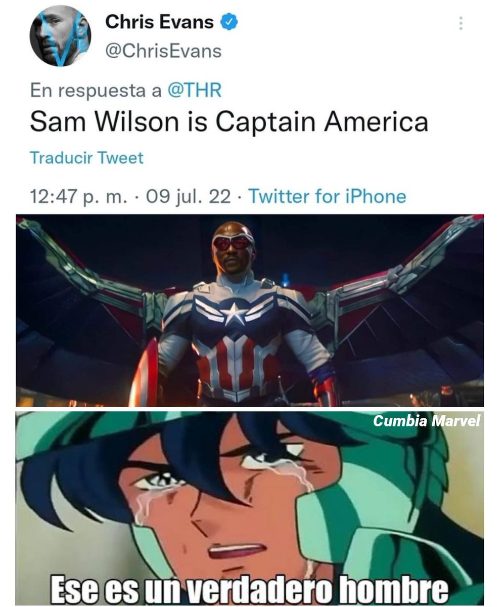 CumbiaMarvel's tweet photo. ¡Chris Evans apoya a Sam Wilson como el nuevo Capitán América! 🏅🇺🇲

Oficimente Chris Evans brindo todo su apoyo a Sam Wilson de Anthony Mackie luego de que un informe no nombrara al personaje como Capitán América mientras anunciaba al director de la próxima película en solitario https://t.co/4TvBj7kjON