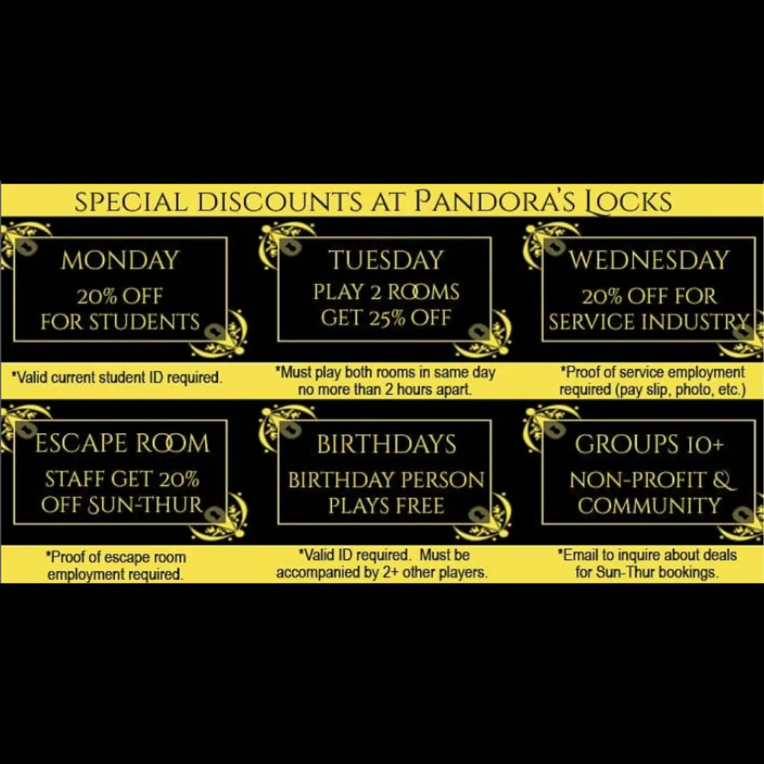 pandoras_locks's tweet photo. We have 6 discounts at Pandora's Locks that run all year long! https://t.co/084Bdjlwlq