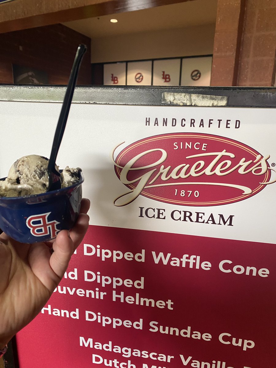 KarverNichole's tweet photo. In/near Louisville this week for my daughter’s softball tournament thinking of my favorites at @ATWWDpodcast  and saw Graeters at the Louisville Bats game. Had to channel my inner @TheEmSchulz and try it! https://t.co/Va18UpzmDY