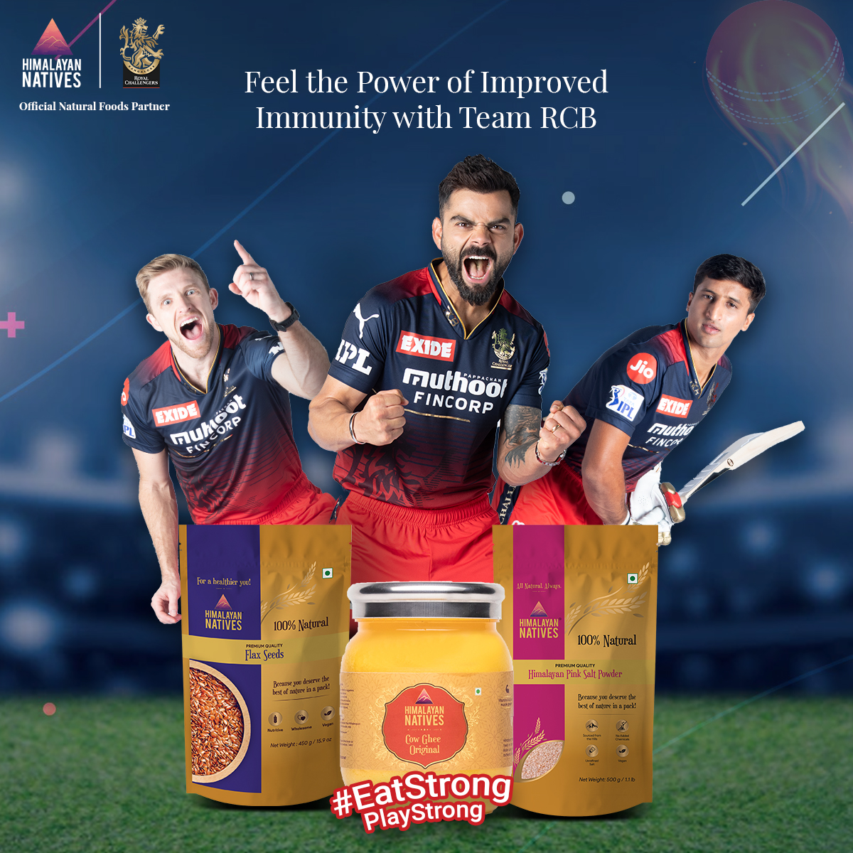 HN_Ind's tweet photo. This monsoon strengthen your immunity with our all-natural range of products, from organic desi cow ghee to nutritious seeds and more, powered by team RCB!
#himalayannatives #rcb #strengthisinnature #eatstrongplaystrong https://t.co/VLbX8sA22u