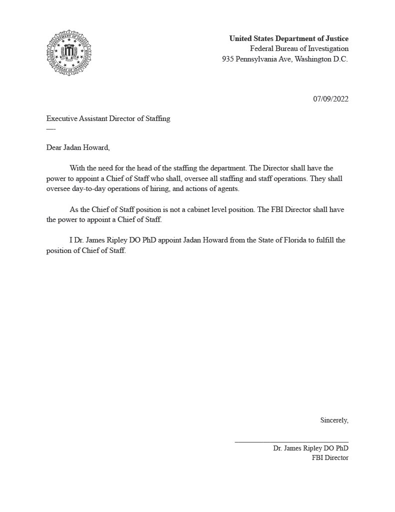 I hereby appoint @JadanHowardEd from the State of Florida to be the Executive Director of Staffing.