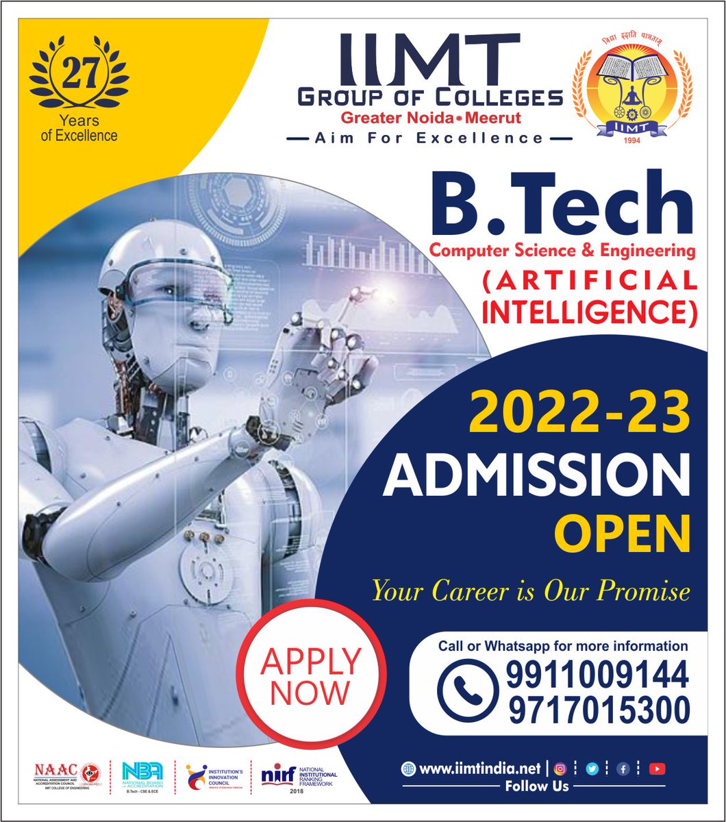 iimtnoida's tweet photo. Your Career is Our Promise !!
B. Tech Computer Science &amp; Engineering (Artificial Intelligence)
ADMISSION OPEN FOR SESSION 2022 -2023
https://t.co/UOh7RIsu8l
Call Us: 9520886860 
#BTechCSE #BTechAI #IIMTNoida #btechdatascience #IIMTGreaterNoida #IIMTDelhiNCR #EngineeringAdmission https://t.co/m67RtwYdjI