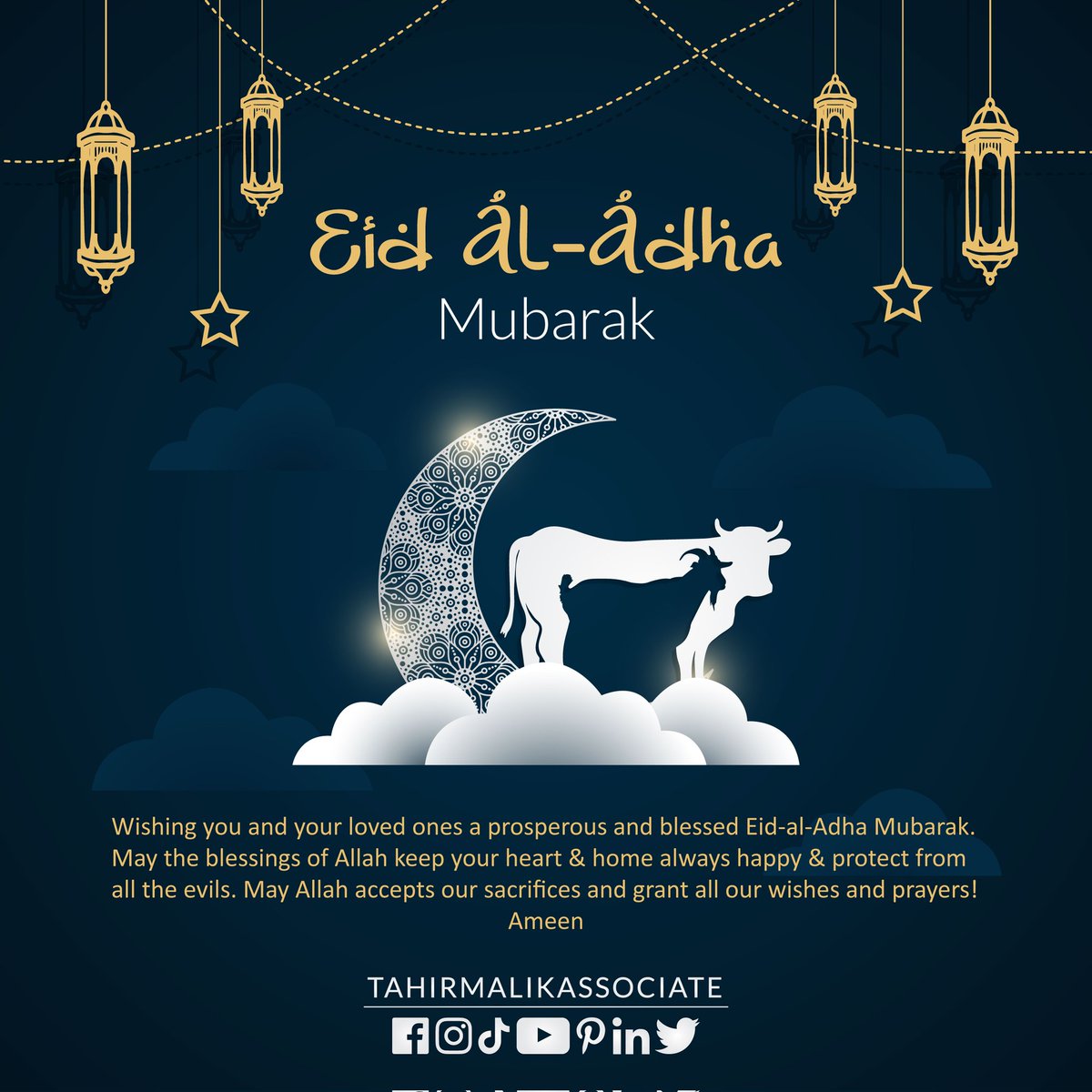 TMAssociate's tweet image. میری طرف سے آپ کو اور آپ کے خاندان کو عیدالاضحیٰ کی خوشیاں مبارک!
دعا ہے کہ اللہ تعالیٰ اس بابرکت دن آپ کو اپنی فیملی کےساتھ بےپناہ خوشیاں نصیب فرمائےاور ہم سب پر اپنی رحمتیں اور برکتیں نازل فرمائے!
اللہ ہم سب کی قربانیاں قبول فرمائیےاور ہمیں اس کی برکتیں نصیب فرمائے!
#عيد_الاضحى