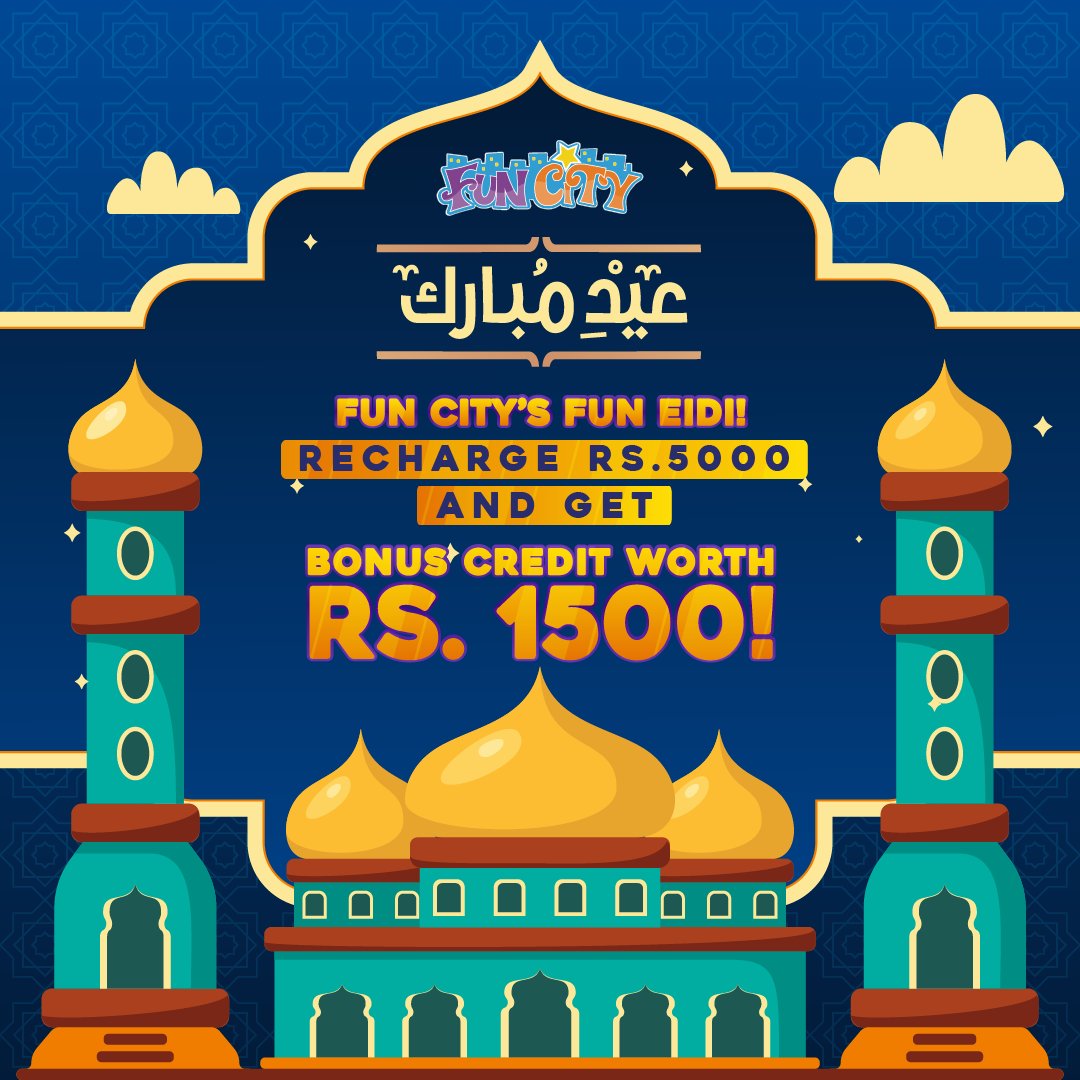 FunCityPK's tweet photo. A very meaty Eid Mubarak to everyone celebrating! We wish you health, prosperity, good fortune, and picture-perfect moments this Eid-ul-Adha!And while you are here, don't forget to avail Fun City's Fun Eidi! Recharge Rs.5000 and get BONUS CREDIT WORTH RS.1500! https://t.co/lGui9Pnma8