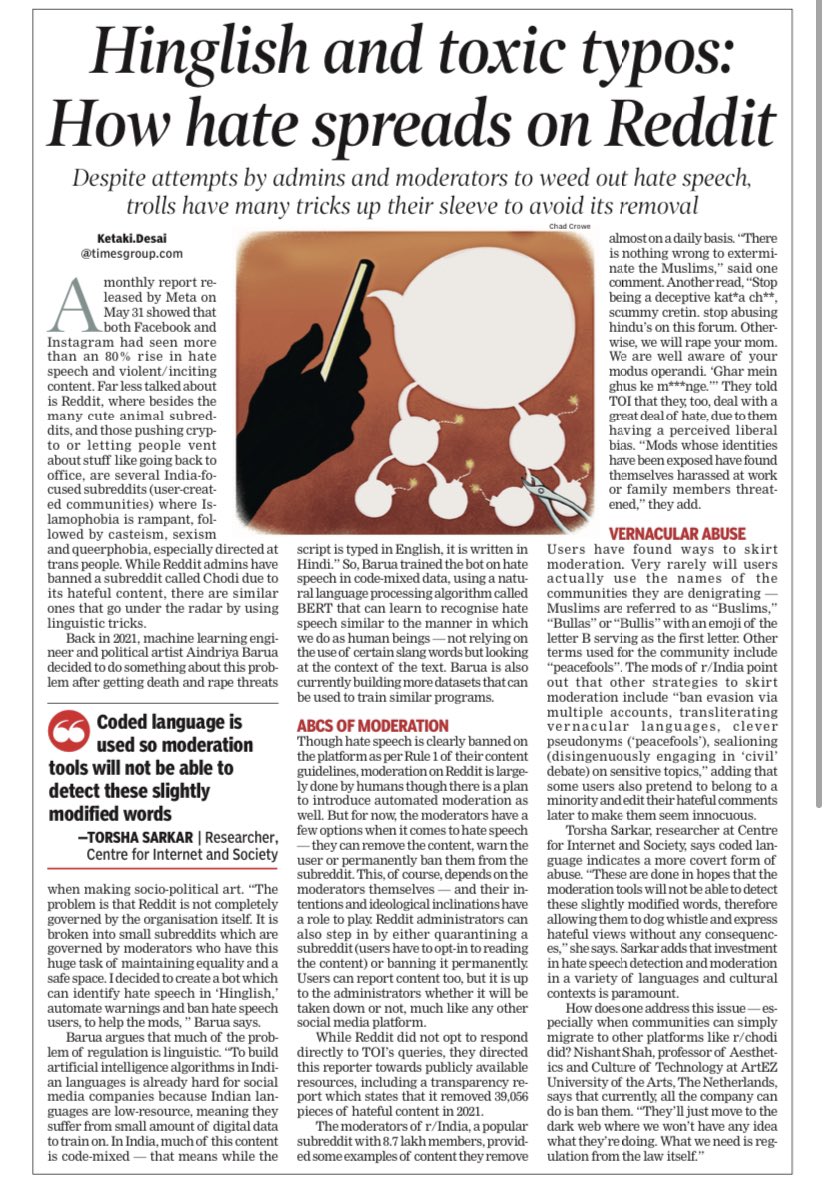 notketakidesai's tweet photo. Hate speech on Indian subreddits is far from hard to come by. Wrote about the attempts to weed out such hate speech and the various strategies users utilise to skirt moderation https://t.co/0jU7rOI70g