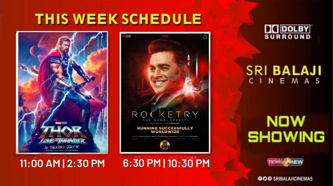 BalajiCinemas's tweet photo. Weekend Schedule. 
Don't miss duology movie in our cinemas. 
#ThorLoveAndThunder 
#Rockerty https://t.co/u3AG9NuVPn