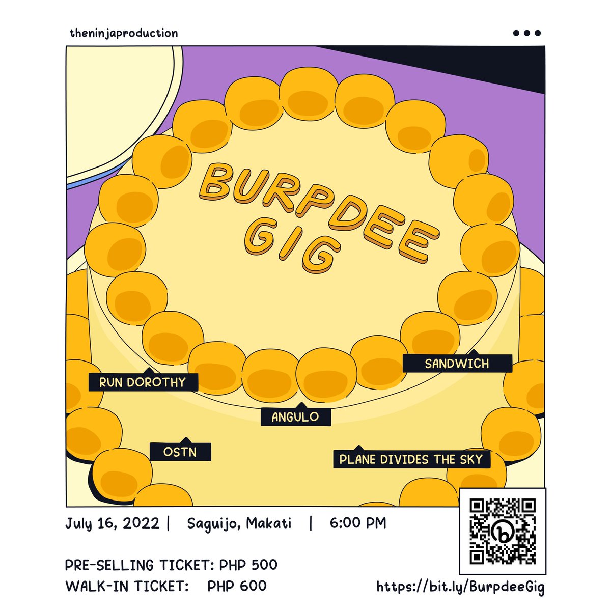 ‼️‼️There’s a Burpdee Gig happening on July 16 in <a href="/SaguijoOfficial/">SaGuijo Bar + Cafe</a>!! Catch <a href="/angulomusic/">Angulo Music</a>, <a href="/RunDorothy/">Run Dorothy</a>, <a href="/subsandwich/">Sandwich</a>, Plane Divides the Sky, and <a href="/ostnmusic/">ostn</a> live ‼️‼️

👉🏻Tickets are still available. Order through the link on our bio or by clicking here: bit.ly/BurpdeeGig 🫰🏻