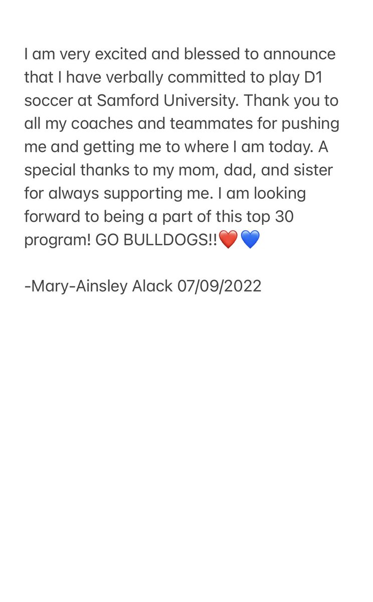 MaryAinsAlack's tweet photo. I am blessed to announce that I have verbally committed to play D1 soccer at Samford University!❤️💙 #GOBULLDOGS @SamfordSoccer @STMathleticsnow https://t.co/QHrhgBXWgV