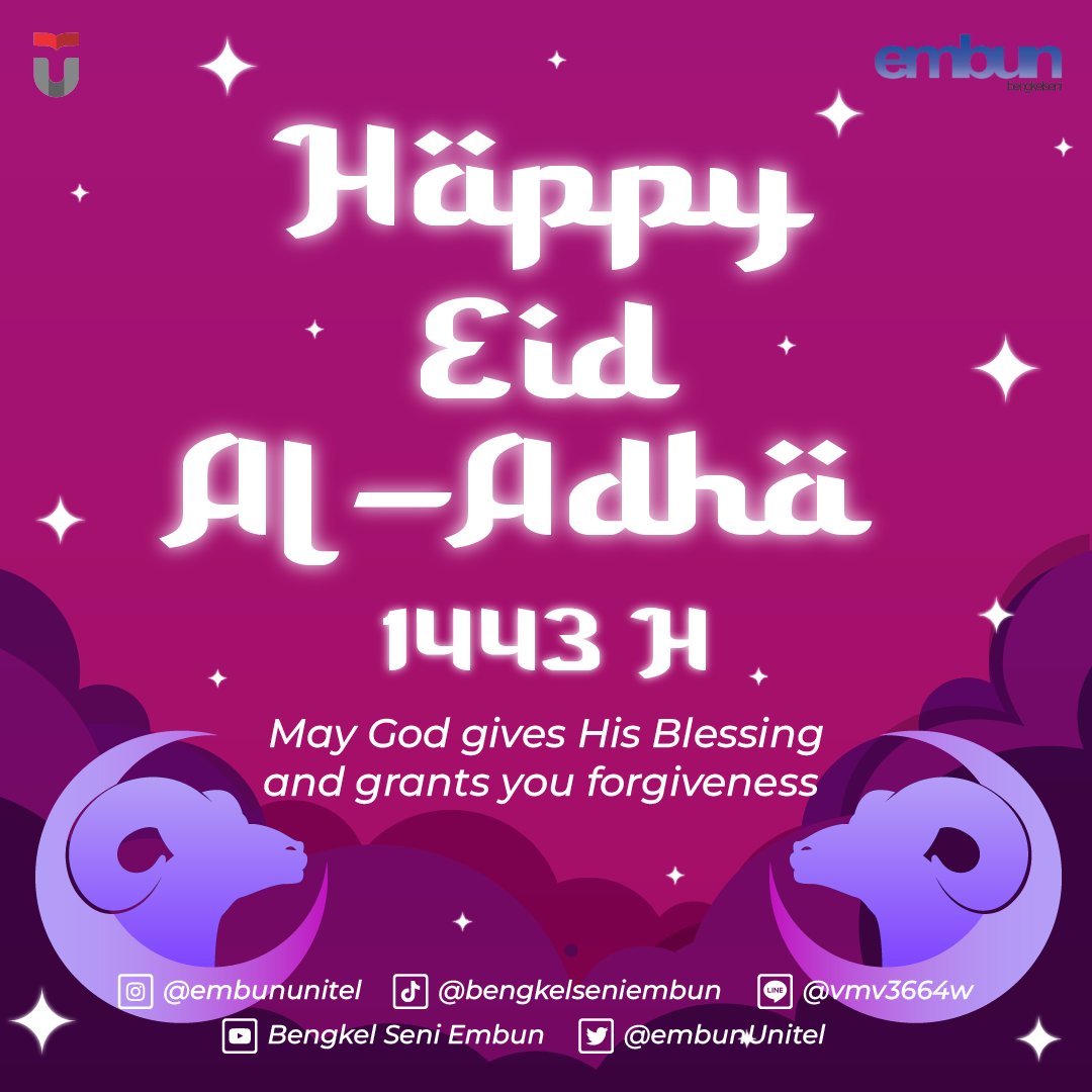 ✨HAPPY EID AL-ADHA✨

Kami segenap keluarga besar Bengkel Seni Embun mengucapkan
Selamat Hari Raya Idul Adha
1443H

Semoga amalan qurban kita dapat membantu sesama dan menjadi berkah bagi kita semua

#EmbunUniTel 
#WeAreDifferentButRespectEachOther 
#EidAlAdha