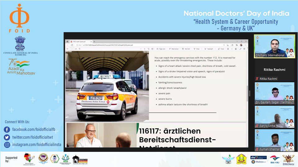 foidofficialtwt's tweet photo. National Doctors' Day of India, by @foidofficialtwt , Hannover, Germany in cooperation with the @IndiainHamburg Germany - informative session on "Health System & Career Opportunity for Medical Doctors in 𝗚𝗲𝗿𝗺𝗮𝗻𝘆 & 𝗨𝗞”.
@eoiberlin
@iccr_hq
@DrGautamSagar
#foidgermany https://t.co/FM4c4dlesA