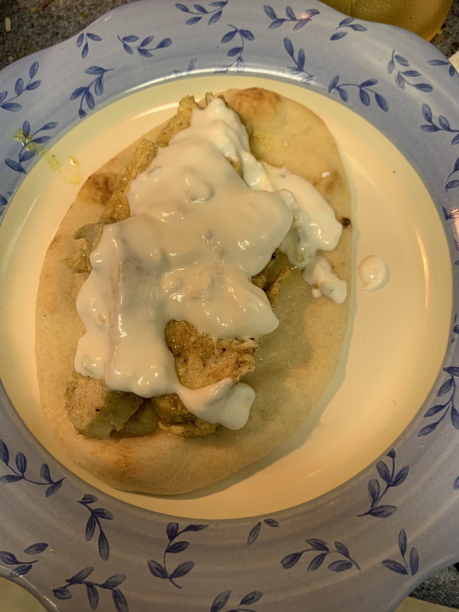 BmoreSparrow's tweet photo. I REALLY miss lamb gyros, but the economy forced me to improvise. Defrosted chicken breast, traditional gyro marinate, on a warm pita w/tzatziki helped at least a little! 
#Greek #Afghani #WhatsForDinner #IMadeThis #Hustle #SpinsterLife #ContractLife #Freelance #FeastOrFamine https://t.co/l6iLZPzi6z
