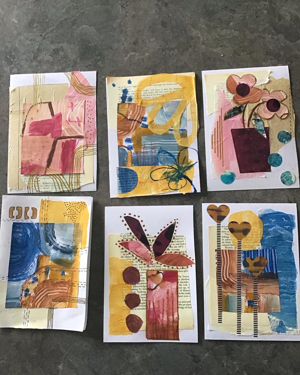 BRhonnie's tweet photo. Doing #fodderchallenge, one of about 4 mixed media classes I’m doing over the next fortnight. One of the classes really resonated. Paint large pieces of paper with random marks then cut up for collage. https://t.co/ka2xsJ1DTY