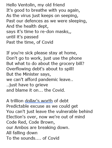 NimueDu's tweet photo. #PandemicLeave #CrisisPayment #LeftBehind This little song to tune of Sounds of Silence. Seriously, you can't remind people to isolate for Covid at same time announce winding up pandemic leave payments! How do we afford food?! #NotHappyMark https://t.co/QiIsn2jIFf