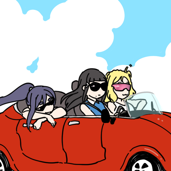 kurosawa dia ,matsuura kanan ,ohara mari multiple girls sunglasses motor vehicle ground vehicle 3girls car blonde hair  illustration images