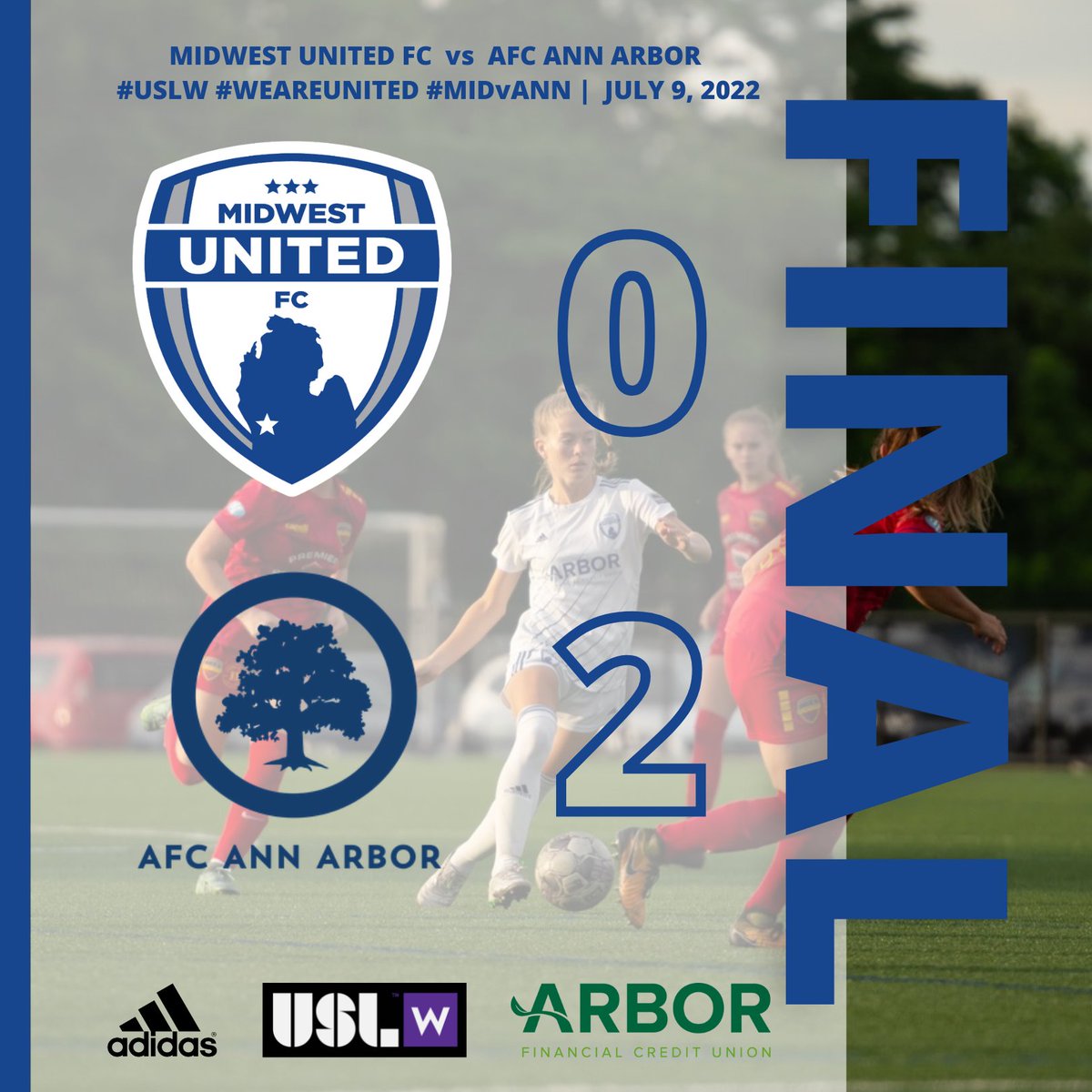mufcusl's tweet photo. Final: MUFC 0 - 2 ANN
We leave Ann Arbor empty-handed. Good season, ladies! 🔵
#MidwestUnitedFC #WeAreUnited #USLW #MIDvANN https://t.co/MbVPIn6CeW
