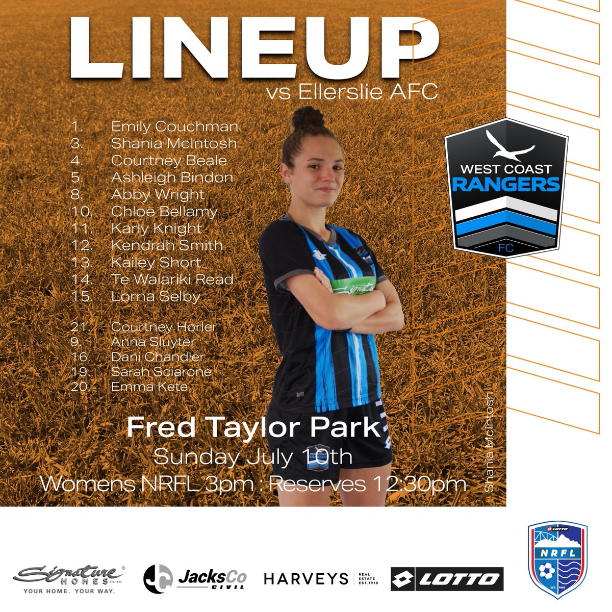 LINEUP
for todays <a href="/LOTTONRFL/">LOTTO NRFL</a> Premier Womens match against <a href="/EllerslieAFC/">Ellerslie AFC</a> at Fred Taylor Park, 3pm kickoff.
#WeAreRangers