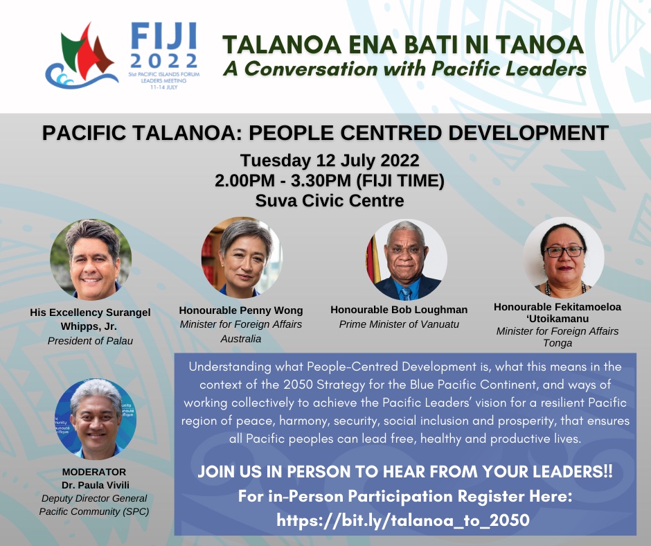 spc_live's tweet photo. Join us for a dialogue with #PacificLeaders on a #PeopleCenteredApproach to development & what this means in the context of the 2050 Strategy as part of the 51st Pacific Islands Forum Leaders meeting.
Date - 12 July
Time: 2-3:30pm FJTime
Register now: https://t.co/CKvteMsQss https://t.co/9yToE7GdPa