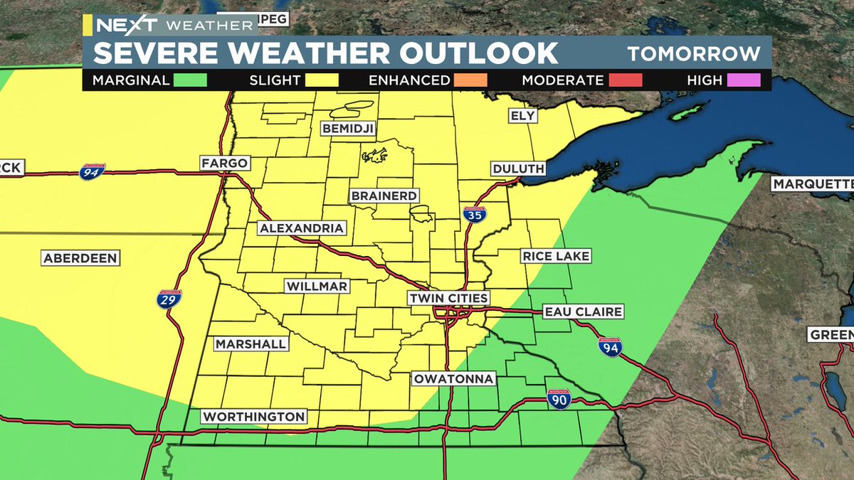 HEADS UP: The entire state of Minnesota and portions of western Wisconsin are at risk for severe weather tomorrow. That's why we've declared it a #NextWeather Alert Day. Join us at 10pm for the latest forecast. #mnwx https://t.co/lQThqM92ER
