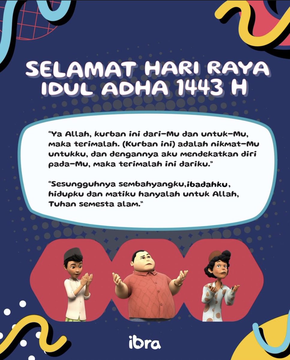 ibraberkisah's tweet photo. Selamat hari Raya Idul Adha 1443 H, semoga qurban yang kita lakukan semua dalam keberkahan 🙋🏻‍♂️💙. 

Wuiiii hari ini bisa makan sate sepuasnya hehe 😁 

#ibraberkisah #ibra #animasimuslim #animasianak #animasi #iedadha #AdhaMubarak https://t.co/1dd5piuSYy