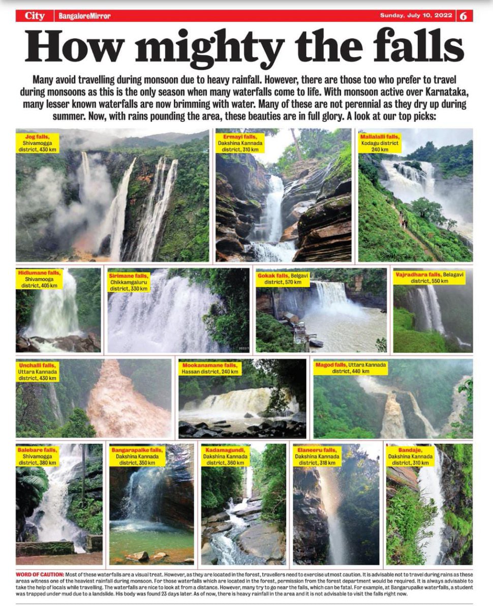 katranjeet's tweet photo. Sun @BangaloreMirror guide to chase waterfalls across Karnataka!An beautiful ready reckoner giving distance from Bengaluru @sridharvMIRROR @kalicharanRai (BM team: I loved💕 the headline!) https://t.co/MoGYNnafaY