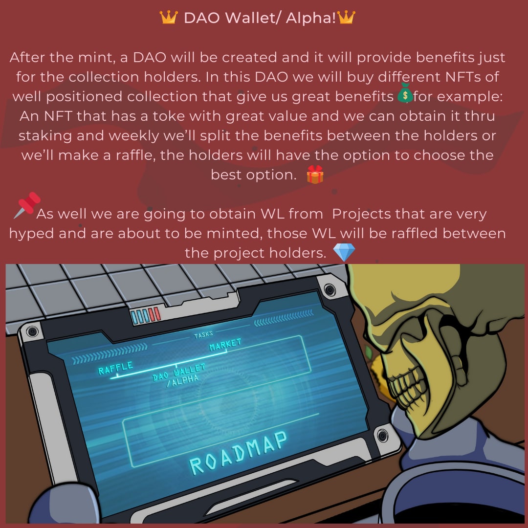 Jollyskuller! We continue with the 2nd point of our Roadmap.

We will have: DAO Wallet /Alpha

Our Discord:
discord.gg/jollyskullsoci…

#Nfts #nsfwtwt #DAO #NFTCommunitys #nftcollectors #Staking #Solana #nftsolana #NFTMint #BTCs #NFTGiveaways #roadmap