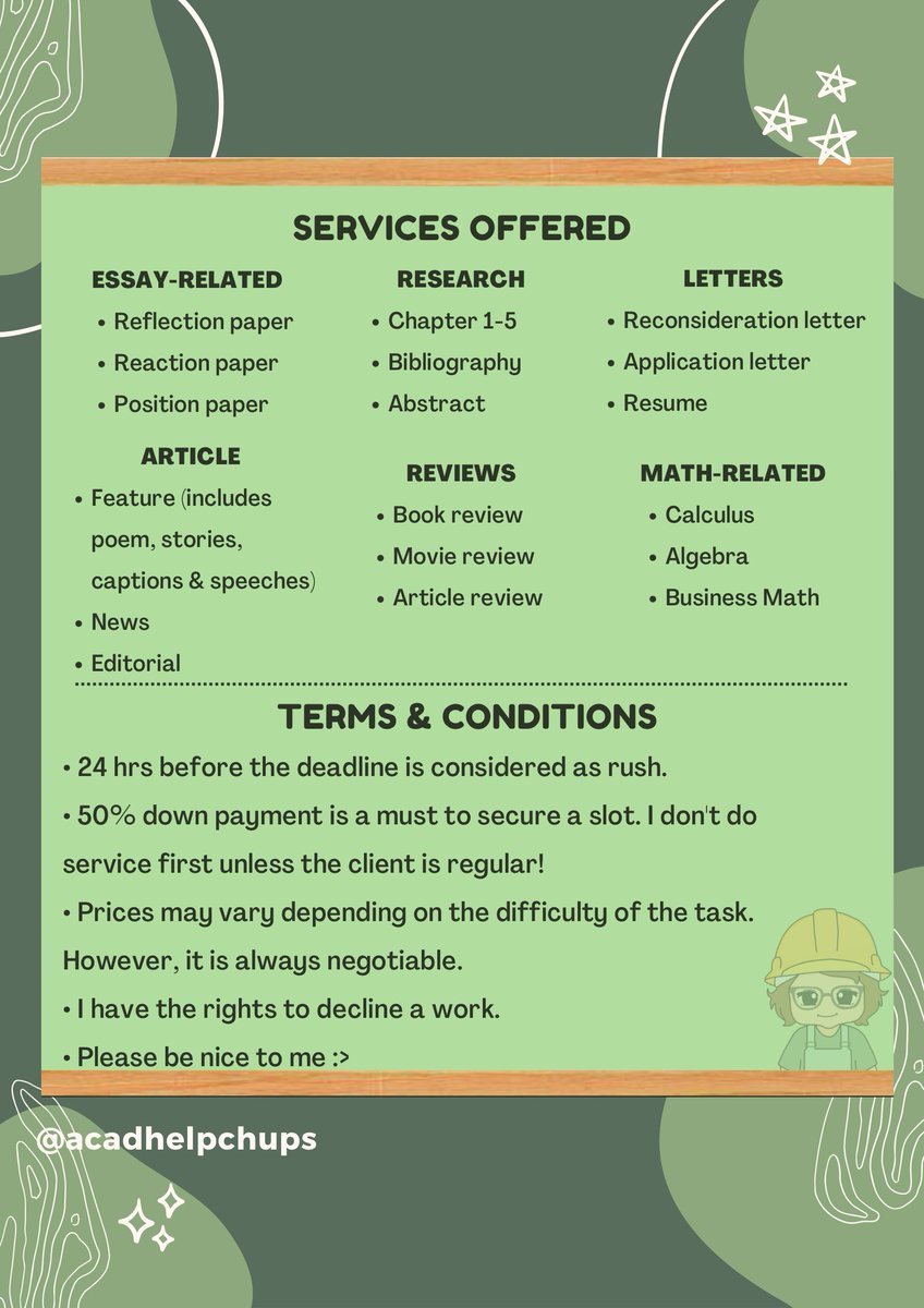 👷 Miss Chups • OPEN (@chupsacadhelp) on Twitter photo Hi, my luv! This is Commissioner Chups, ready to give u quality acads for a very affordable price. Attached below are my credentials, services offered, & terms and conditions!
HMU, I am always open! Slide into my dms or email me here: acadcommschups@gmail.com Hi, my luv! This is Commissioner Chups, ready to give u quality acads for a very affordable price. Attached below are my credentials, services offered, & terms and conditions!
HMU, I am always open! Slide into my dms or email me here: acadcommschups@gmail.com