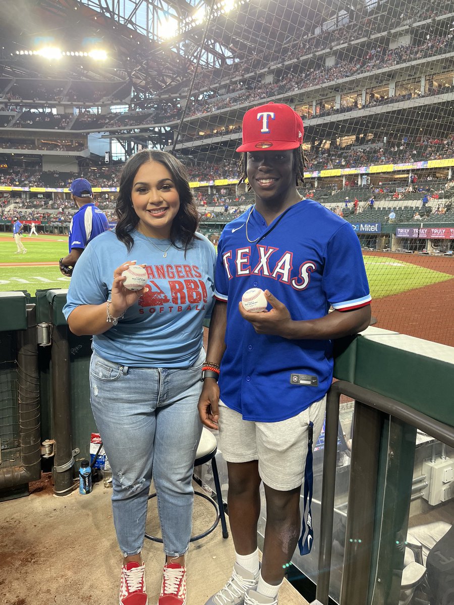 RangersYA's tweet photo. Our 2022 Rangers RBI Scholarship presented by @CocaCola recipients threw out the ceremonial first pitch earlier this afternoon on RBI Day!

Congratulations Julianna Serrano and Channing Vernon! https://t.co/BgFvswkbmG