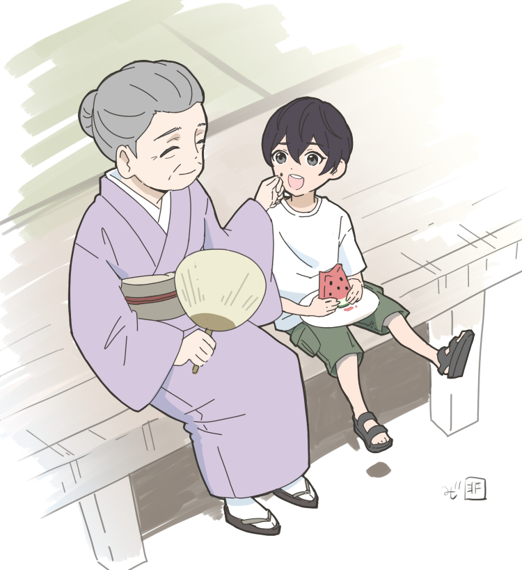 watermelon old woman food 1girl japanese clothes purple kimono 1boy  illustration images