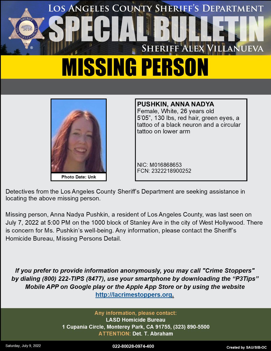 #LASD is Asking for the Public’s Help Locating Missing Person Anna Nadya Pushkin, #WestHollywood - local.nixle.com/alert/9529909/