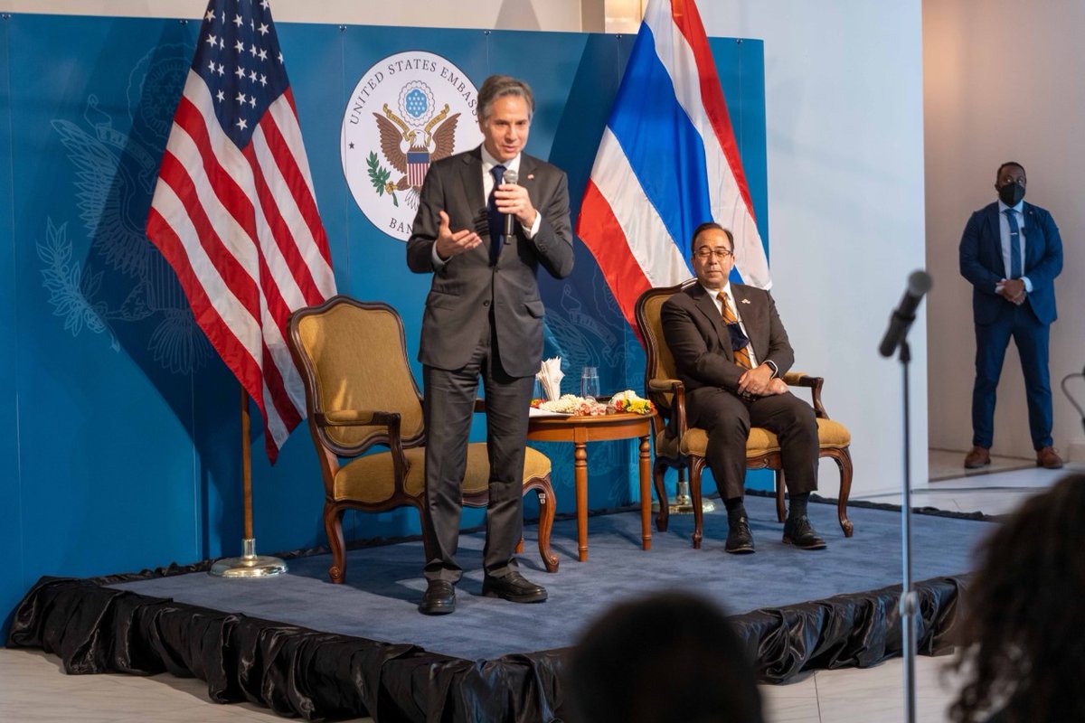 SecBlinken's tweet photo. Fantastic to spend time with the @USEmbassyBKK team and their families today. I am grateful for their outstanding work each and every day to advance our priorities in Thailand and the region. https://t.co/FCggQVEsXR