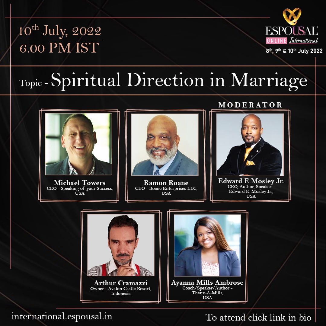 zeroin_espousal's tweet photo. 💥 Topic : Spiritual Direction in Marriage on 10th July 2022 at 6:00 PM IST 💥
Moderated by Edward E Mosley Jr with Michael Towers| Ramon Roane
| Arthur Cramazzi | Ayanna Mills Ambrose 

ESPOUSAL Online is coming your way on 8th, 9th and 10th July 2022! https://t.co/7FHwaw3Hdz