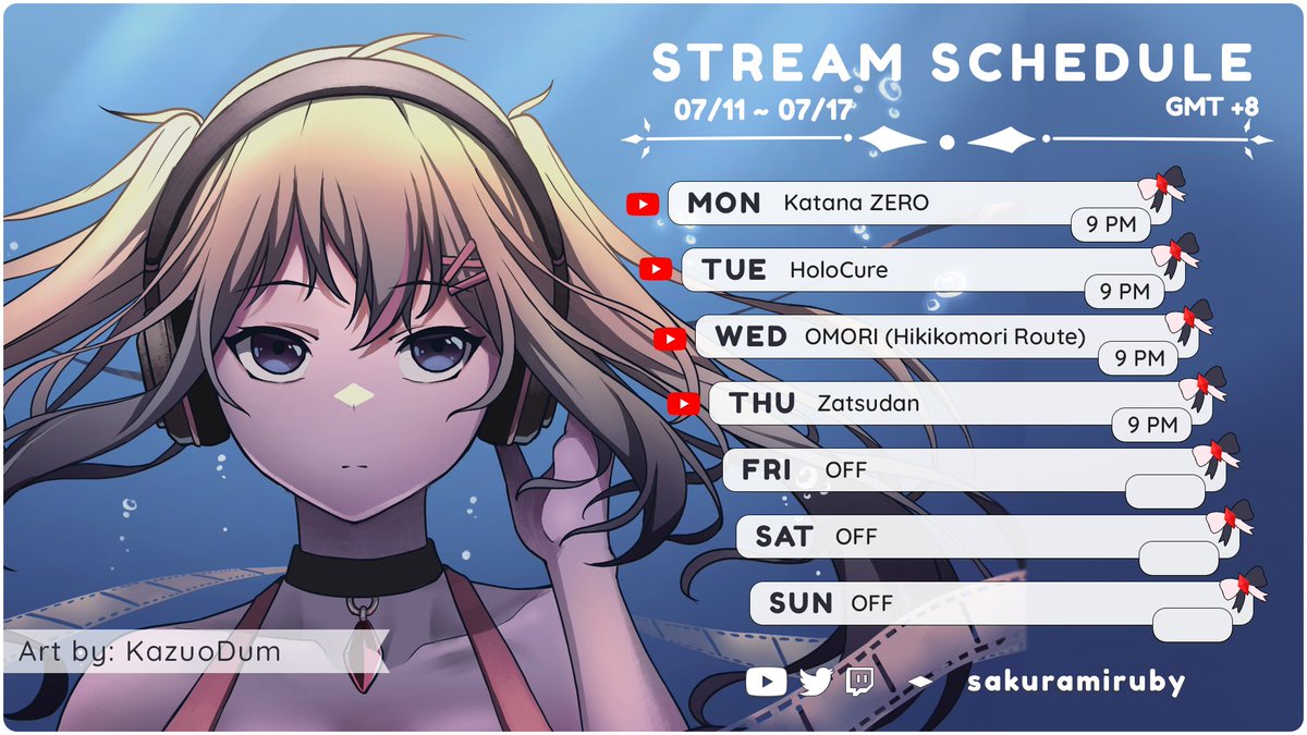 sakuramiruby's tweet photo. ♦️WEEKLY SCHEDULE 07/11 - 07/17♦️
Konruby~ Here's my stream schedule for this week! <3 I also have announcement on my Zatsudan on thursday!
Art tag: #rubyillust NSFW: #Rubylat
Live tag: #Rubytostream
Clips: #RubidyoClips
Memes: #Rubinsons
#PHVtuber #ENVtuber https://t.co/E0AiP28V4n