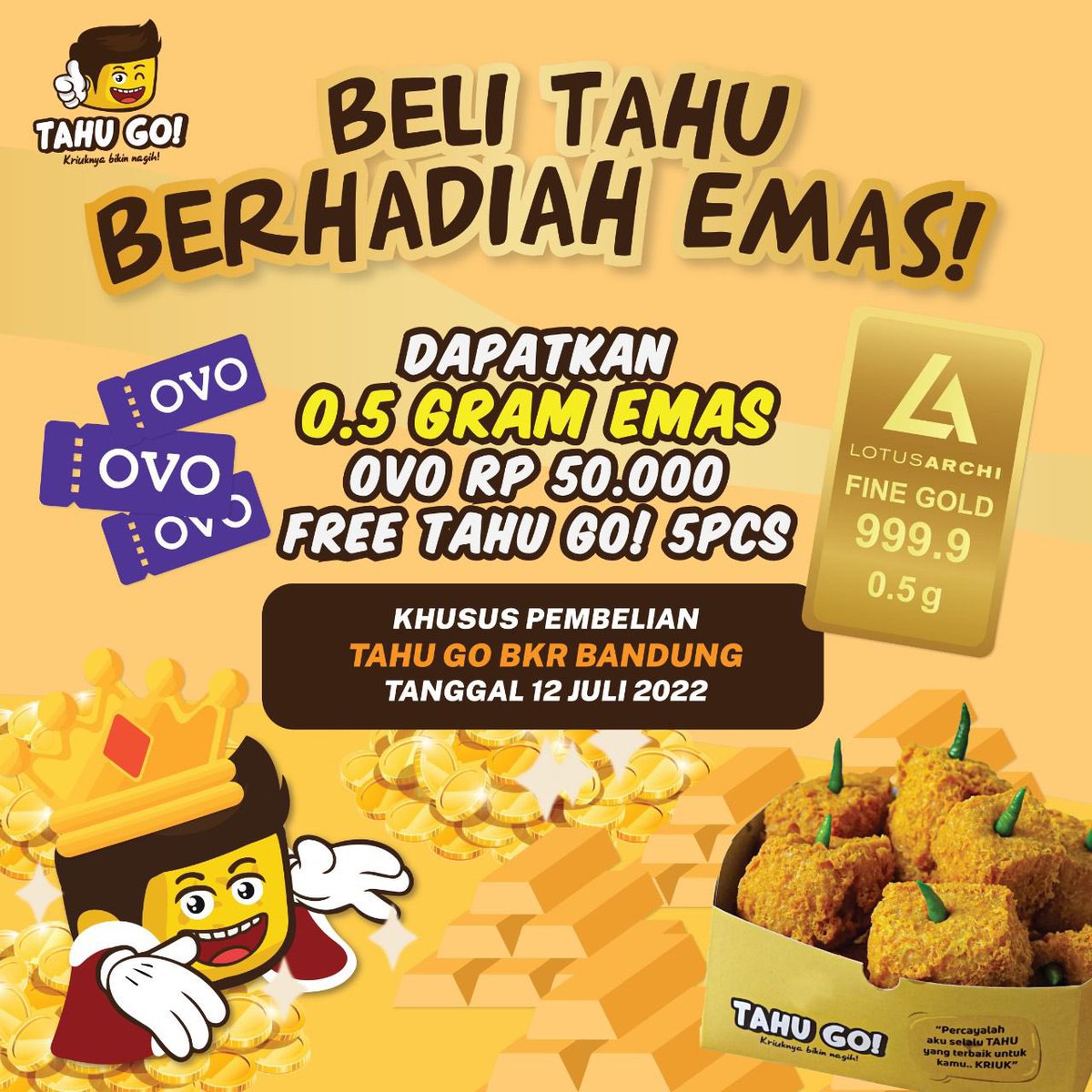 infobandung's tweet photo. BELI TAHU DAPET EMAS! DIMANA LAGI SELAIN DI TAHU GO?
Segera buka Tahu Go di Indomaret BKR12 ( pasirluyu ) dapatkan berbagai macam hadiah Emas 0.5 Gram, Ovo Rp 50.000, Free Tahu Go!
Khusus pembelian di outlet Tahu Go BKR12 !
#Tahugo #Tahugoreng #Tahugobandung https://t.co/GiZJEoerFt