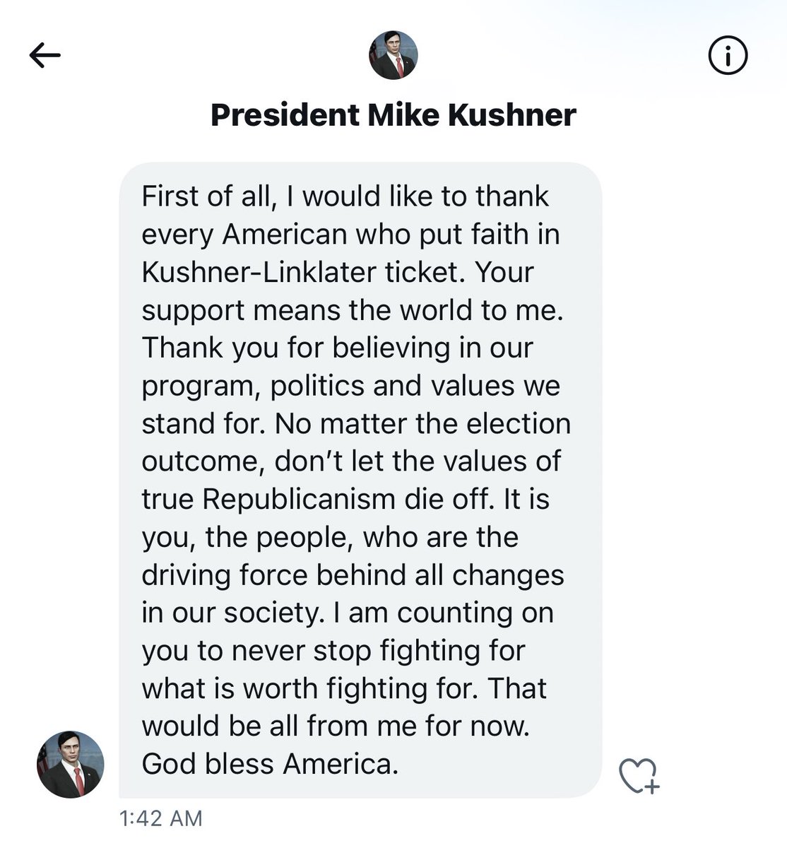 OfficialCUN's tweet photo. Election 2022 Breaking: President Kushner gave a statement to CUN on behalf of his presidential campaign as ballots are being counted.

"No matter the election outcome, don't let the values of true Republicanism die off." the incumbent stated. https://t.co/AdQCWY02eG