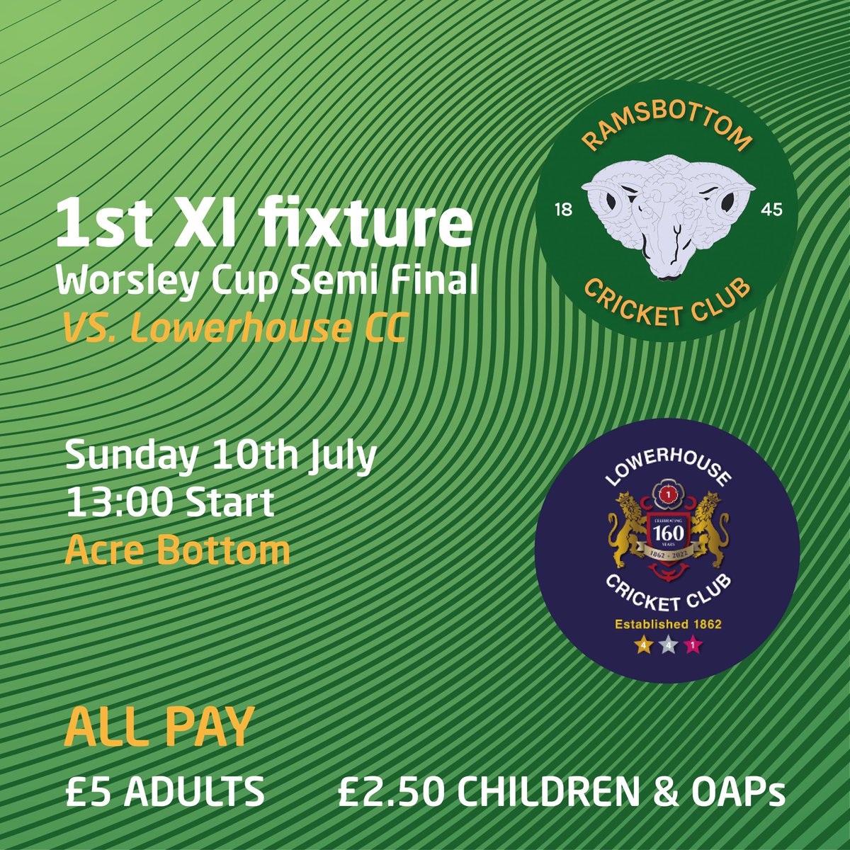 RamsbottomCC's tweet photo. It’s Worsley Cup semi final day - another glorious day. Match starts at 1pm and the bar and cafe will be open. Score updates will be on PlayCricket at https://t.co/JHonUWJBQz 💚💛💚💛 https://t.co/t2mMsOVqUC